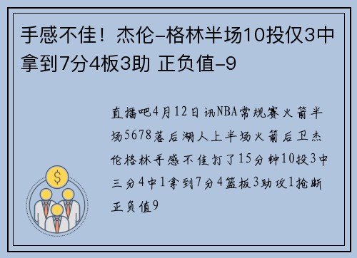 手感不佳！杰伦-格林半场10投仅3中拿到7分4板3助 正负值-9