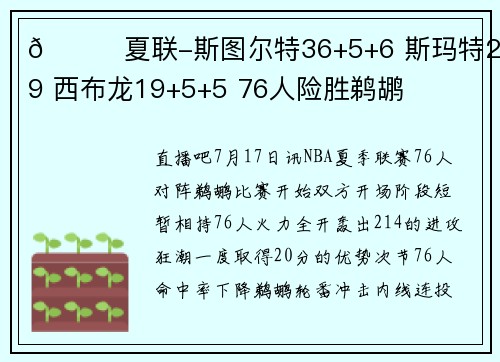 🏀夏联-斯图尔特36+5+6 斯玛特23+9 西布龙19+5+5 76人险胜鹈鹕